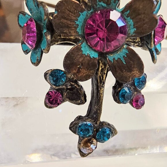 Vintage Michal Negrin Swarovski Teal Floral RIng - Picture 6 of 7